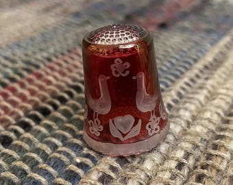 Vintage Red Glass Etched Love Birds Made in Western Germany Thimble - Valentine's Day gift