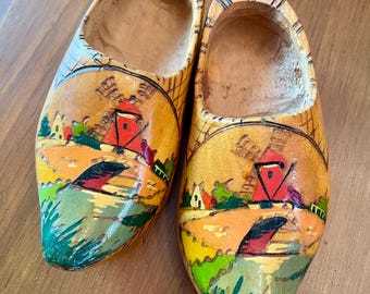 Vintage Hand-Painted Wooden Dutch Shoes – Windmill Scene Wall Decor