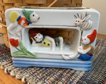Vintage Mid Century Cut out Planter - Elves -  Pixies - Bumblebee - Red Tulip - Made in Japan