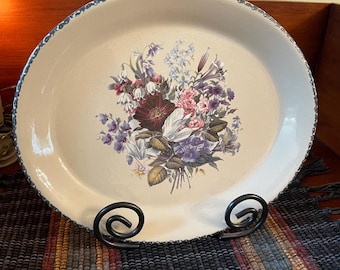 Vintage Casey Pottery Texas Floral Platter with Blue Sponge Edge detail - 1990's
