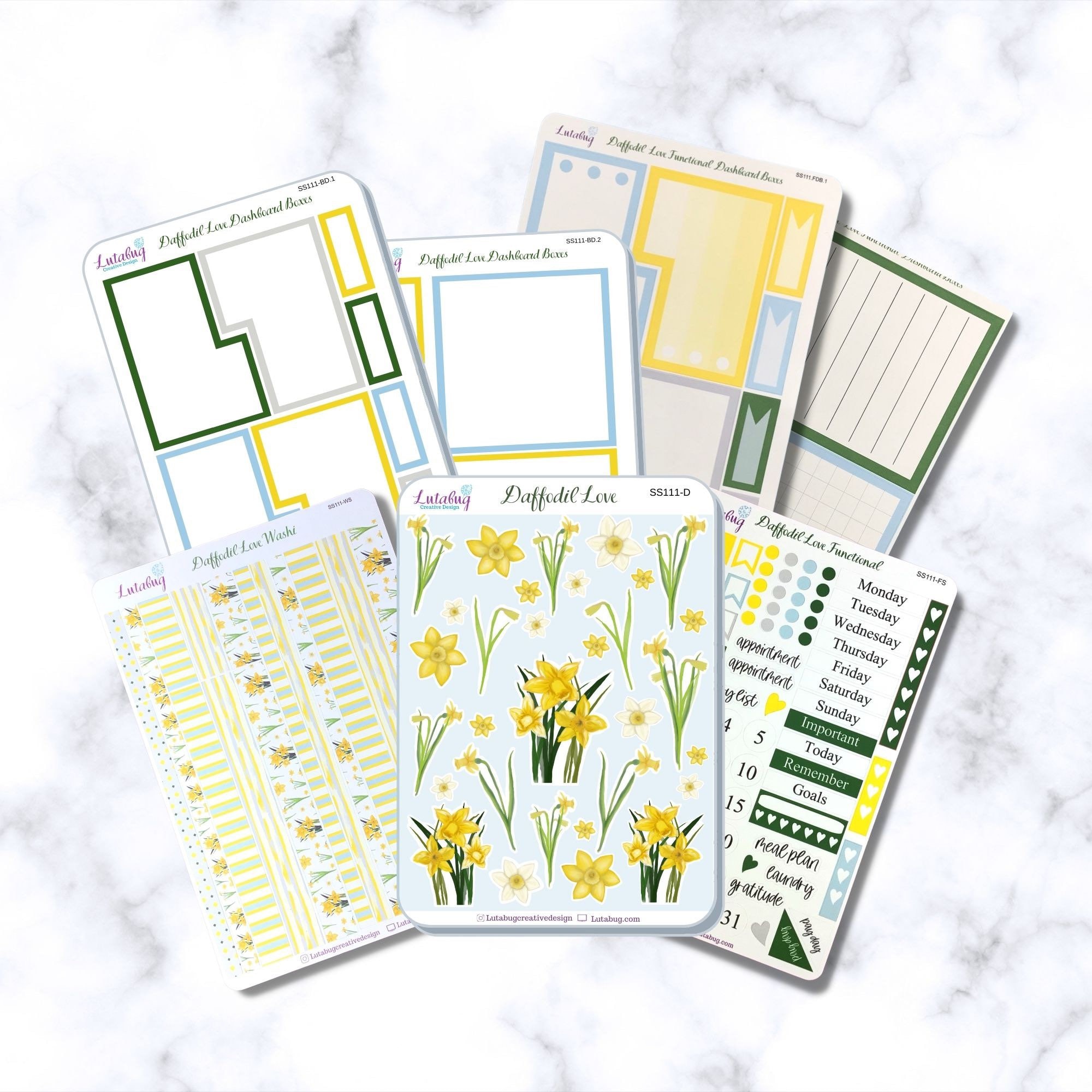 Daffodil Love Funzionali, Classic Dashboard Planner Box Adesivi, 7 Fogli, Kit Completo