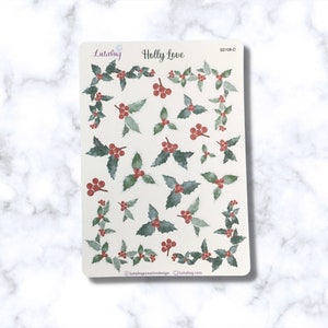 Amour de houx, dessiné à la main, feuille d'autocollants de houx de Noël, déco de planificateur de vacances