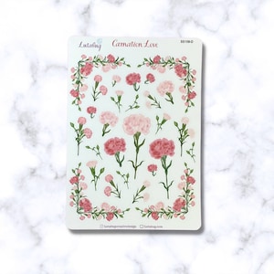 Amour d'oeillets, oeillets roses, feuille d'autocollants déco florale, dessinés à la main