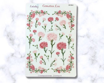 Carnation Love, Pink Carnations, Floral Deco Sticker Sheet, Hand Drawn