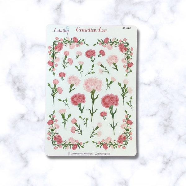 Carnation Love, Pink Carnations, Floral Deco Sticker Sheet, Hand Drawn