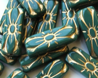 Opaque Fern Green Glass with Gold Wash Czech Rectangle Flower, 20 mm by 8 mm Beads- Item F107-1