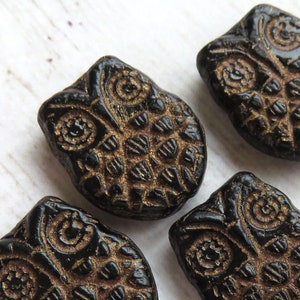 Jet Black Opaque Glass with Dark Bronze Wash, Czech Horned Owl Beads, 18 mm by 15 mm Beads - Item X70-8