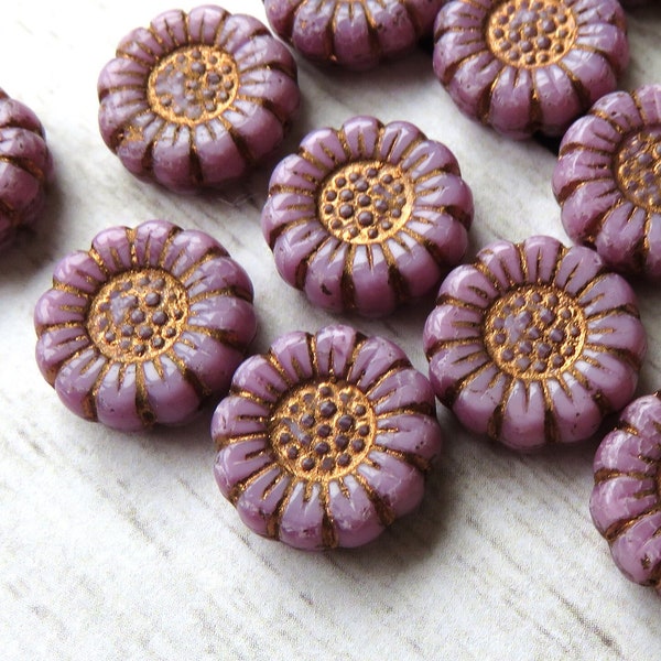 Pink Silk Opaque Glass with Dark Bronze Wash, Czech Sunflower Coin Beads, 13 mm Beads - Item F100-19