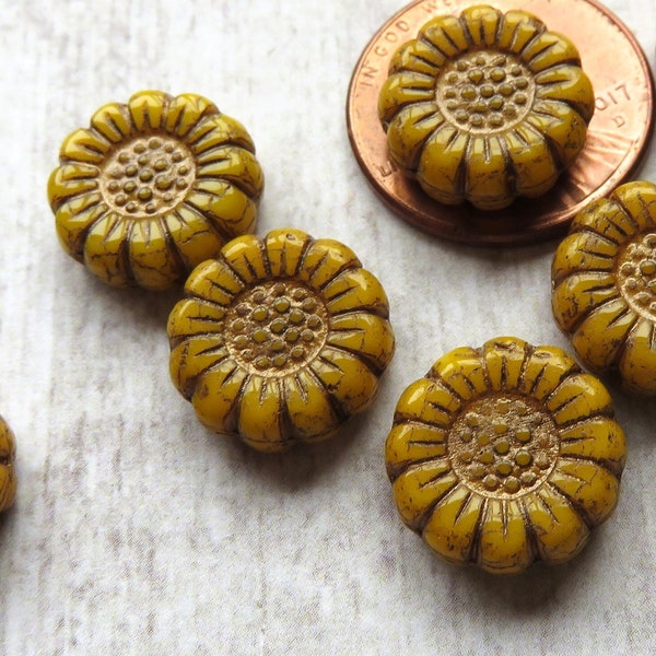 Sunflower Yellow Opaque Glass with Dark Bronze Wash, Czech Sunflower Coin Beads, 13 mm Beads - Item F100-21