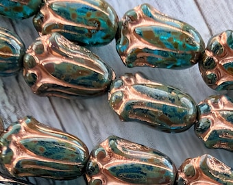 Capri Blue Transparent Glass with Travertine and Copper Wash, Czech Lily Bud, Tulip Flower, 12 mm by 8 mm Beads, 12 Beads - Item F20-39
