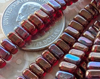 Siam Ruby Red With Bronze Vega, Czech 2 Hole Brick, 3 mm by 6 mm Beads, 50 Beads - Item TH10-39
