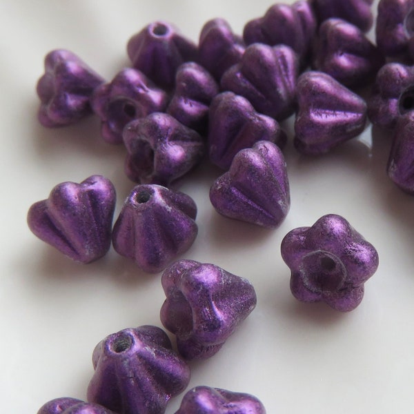 Metallic Suede Lavender Purple Opaque Glass, Czech Tiny Bell Flower, 4 mm by 6 mm Beads- Item F70-18