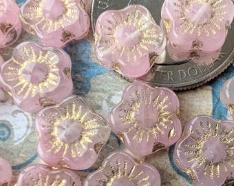 Dusky Pink Opal Transparent Glass with Gold Wash, Czech Apple Blossom 5 Petal Flower, 10 mm Beads, 15 Beads- Item F105-11