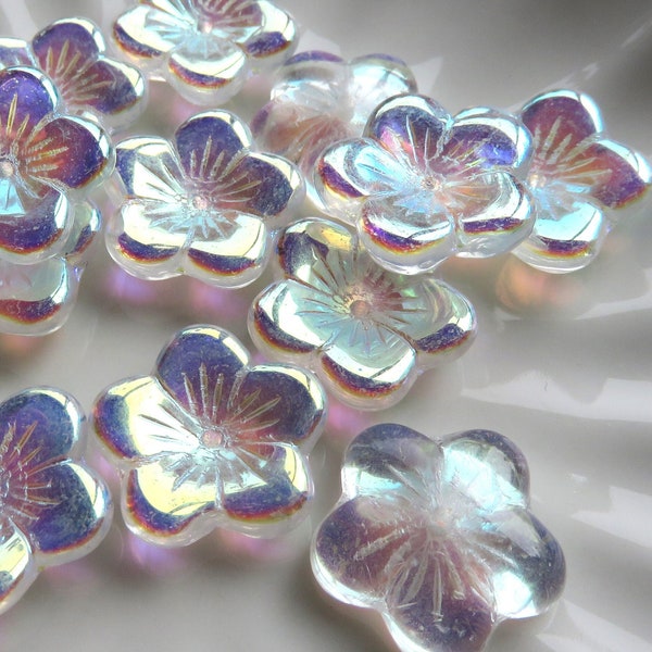 Crystal Half AB Transparent Glass, Czech Large Flat 5 Petal Flower, 16 mm by 4 mm Beads- Item F50-1