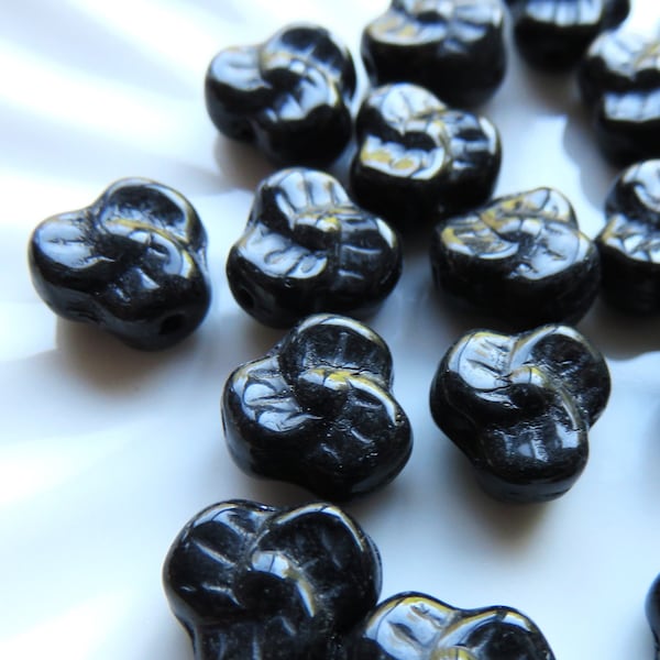 Jet Black Opaque Glass, Czech Glass Pansy Flowers, 9 mm Beads, 25 Beads - Item F101-6