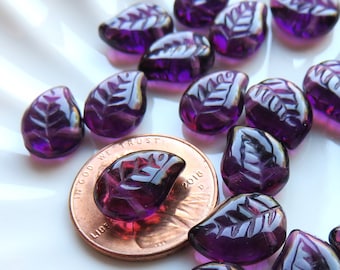 Deep Grape Purple Transparent Glass Czech Eucalyptus Leaf, 12 mm by 9 mm Beads, 25 Beads - Item L80-4
