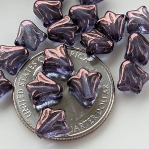 May include: A collection of dark purple, flower-shaped glass beads with a metallic sheen. The beads are scattered around a U.S. quarter coin, providing a size reference. The beads have a unique, textured design.