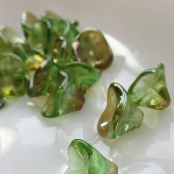 Chrysolite Green Celsian Transparent Glass, Czech 3 Petal Bell Flower, 12 by 9 mm Beads - Item F40-14