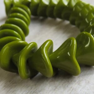 Italian Opaque Olive Green Glass, Czech 3 Petal Bell Flower, 12 by 10 mm Beads - Item F40-15
