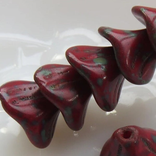 Dark Red Opaque Glass with Picasso, Czech 3 Petal Bell Flower, 12 by 10 mm Beads - Item F40-18