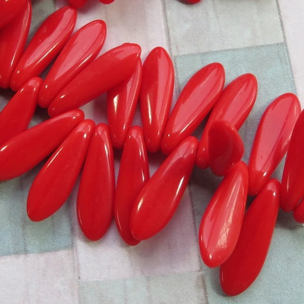 Fire Red Opaque Glass, Czech 5 mm by 16 mm Dagger Beads, 25 beads - Item D20-62