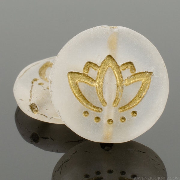 Matte Crystal Transparent Glass with Gold Wash, Czech Lotus Flower Coin Beads, 14 mm Beads - Item X90-1