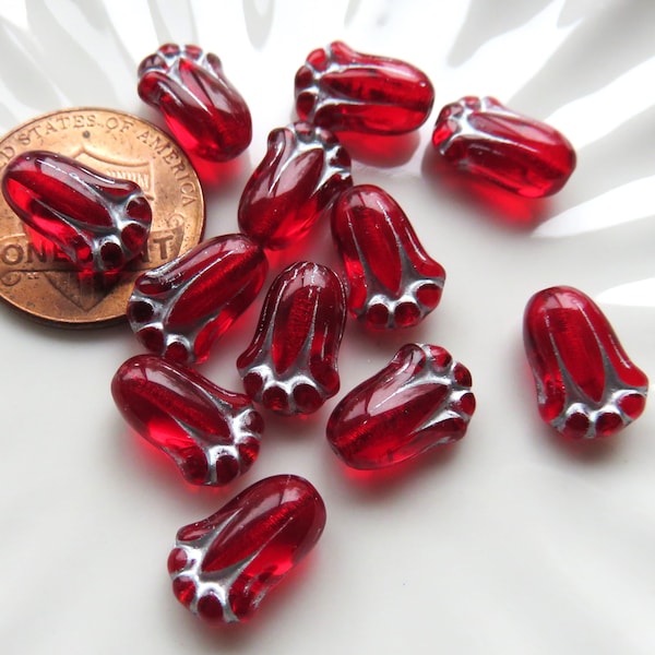 Cherry Red Transparent Glass with Silver Wash, Czech Lily Bud, Tulip Flower, 12 mm by 8 mm Beads, 12 Beads - Item F20-1