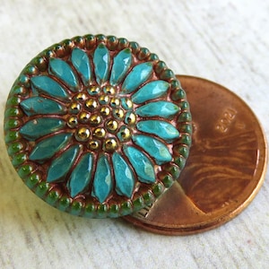 Aqua Blue Glass with Copper Wash and Gaspeite Green Rim, Round Sunflower, Czech 18 mm Glass Button, 1 Button- Item B10-6