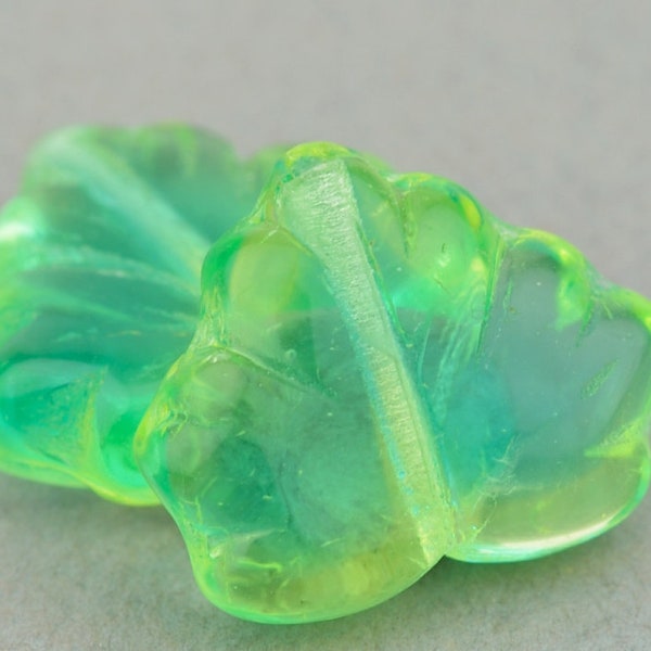 Green Uranium and Aqua Transparent Glass, Czech Maple Leaf, 13 mm by 10 mm Beads - Item L20-67