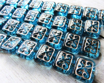Ocean Blue Transparent Glass with Platinum Wash, Czech Kissing Butterflies Rectangle Beads, 11 mm by 12 mm Beads - Item X10-4