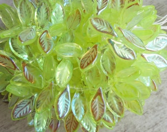Lemon Yellow Transparent with Half AB Glass, Czech Small Bay Leaf, 12 mm by 6 mm Beads, 25 Beads - Item L50-12