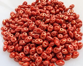 Opaque Orange  Red Luster Glass, SuperDuo 2 Hole Seed Beads, 10 grams - Item TH50-201
