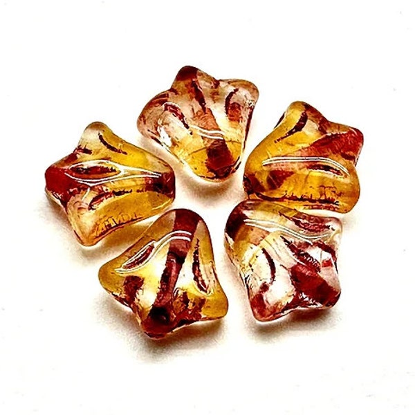 Crystal and Sunny Yellow Semi-transparent Glass with Fuchsia Wash, Czech Small Daylily Flower, 9 mm Beads - Item F30-11