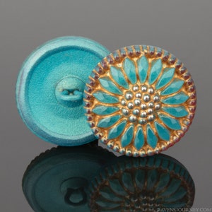 Aqua Blue Glass, Coral Red Rim with Gold Wash, Round Sunflower, Czech 18 mm Glass Button, 1 Button- Item B10-4