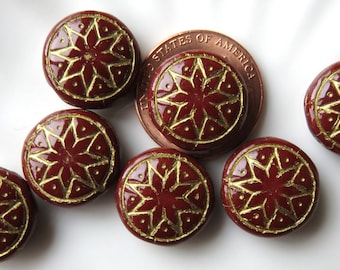 Chocolate Brown Opaque Glass with Gold Wash, Czech Star of Ishtar Coin Beads, 13 mm Beads - Item X20-19