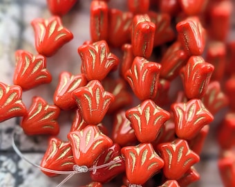 Coral Red Orange Opaque Glass with Gold Wash, Czech Small Daylily Flower, 9 mm Beads, 17 Beads - Item F30-19