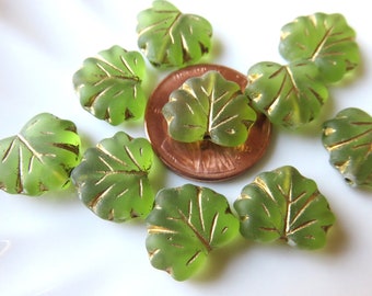 Matte Peridot Transparent Glass with Gold Wash, Czech Maple Leaf, 13 mm by 11 mm Beads - Item L20-8