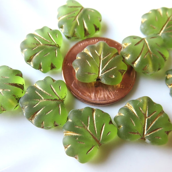 Matte Peridot Transparent Glass with Gold Wash, Czech Maple Leaf, 13 mm by 11 mm Beads - Item L20-8