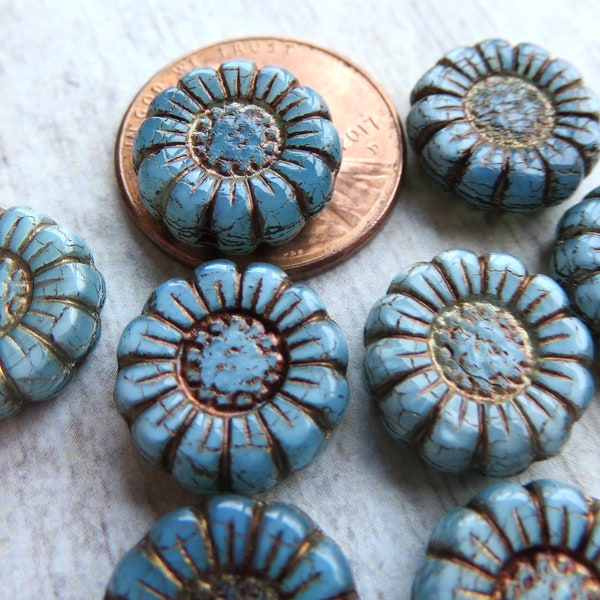 Denim Blue Silk Glass with Dark Bronze Wash, Czech Sunflower Coin Beads, 13 mm Beads - Item F100-3