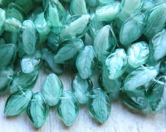 Sea Green, White and Crystal Clouded Translucent Glass, Czech Apple Leaf, 12 mm by 8 mm Beads, 25 Beads - Item L30-18