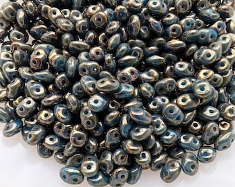 Turquoise Dark Green with Bronze Luster Glass, SuperDuo 2 Hole Seed Beads, 10 grams - Item TH50-