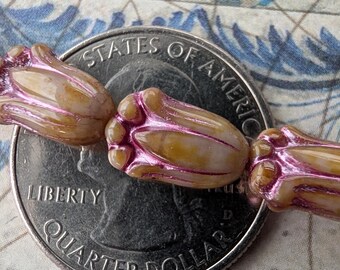 Lavender Purple Silk Glass with Travertine and Pink Wash, Czech Lily Bud, Tulip Flower, 12 mm by 8 mm Beads, 12 Beads - Item F20-44