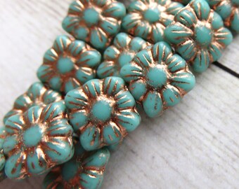 Opaque Turquoise Blue Glass with Copper Wash Czech Zinnia Flower, 9 mm Square Beads- Item F102-22