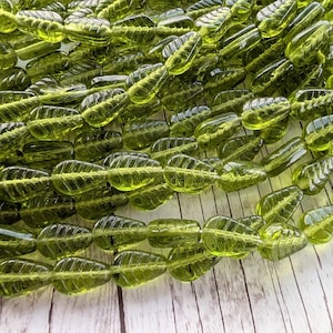 Olive Green Transparent Vintage Style, Czech Glass Leaves, 25 Beads, 12 mm by 8 mm Beads - Item L102-8