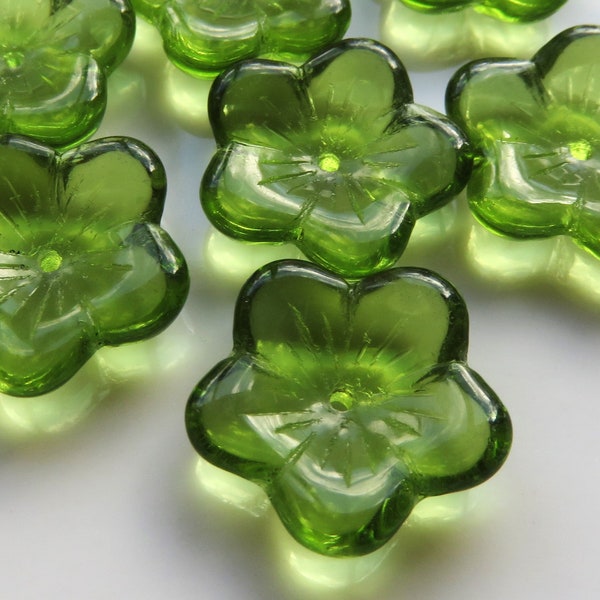 Olivine Green Transparent Glass, Czech Large Flat 5 Petal Flower, 16 mm by 4 mm Beads- Item F50-14
