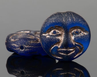 Matte Cobalt Blue Transparent Glass with Platinum Wash, Czech Moon Face Coin Beads, 13 mm Beads - Item X102-1