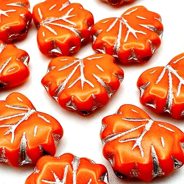 Tangerine Orange Opaque with Silver Wash, Czech Maple Leaf, 13 mm by 10 mm Beads - Item L20-78