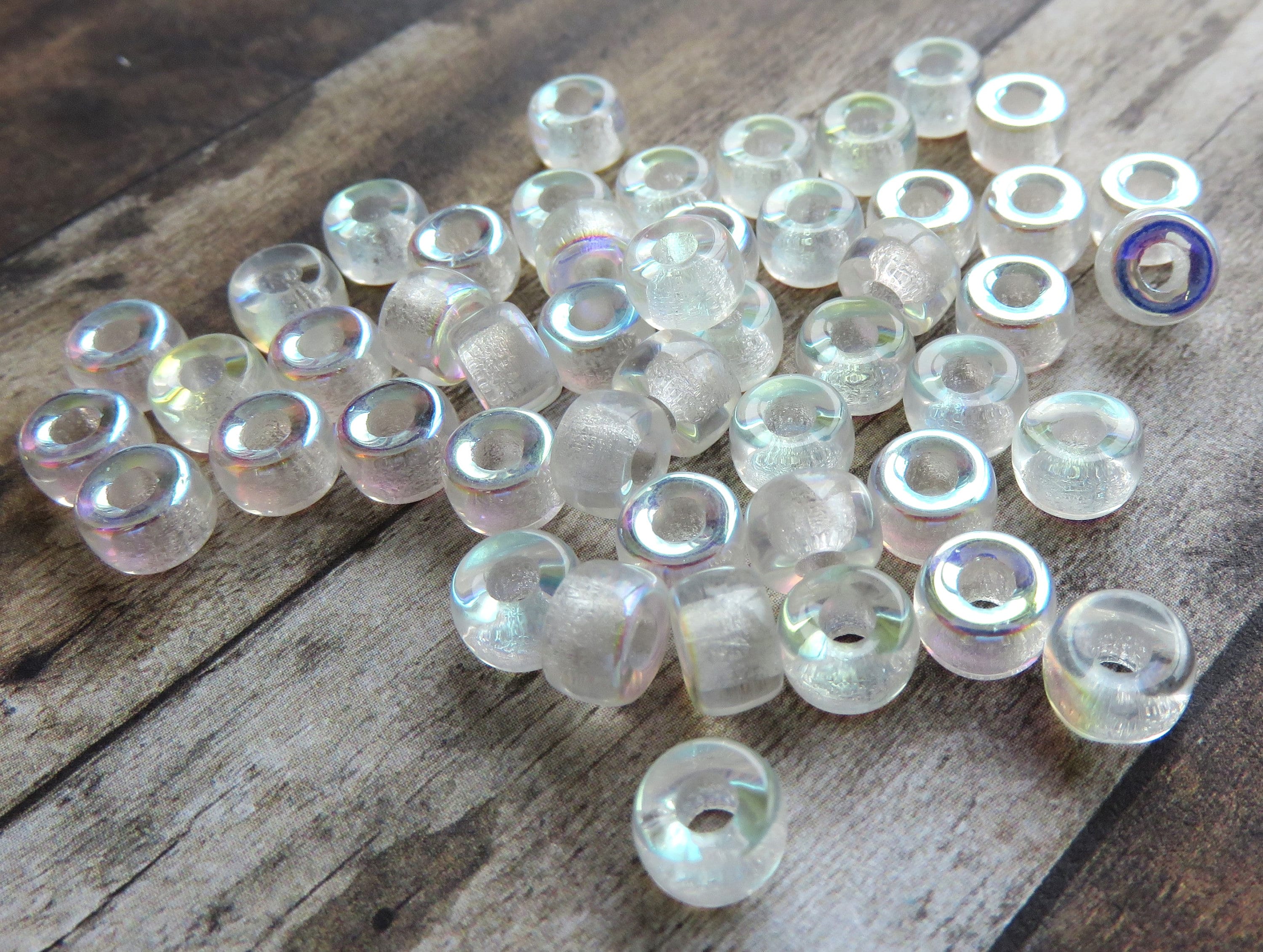 Crystal Clear Glass with AB, 6 MM Roller Czech Glass Seed Bead, Crow, Pony Bead, E Bead, Large Hole, 50 Beads - Item SB40-2