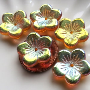 Topaz Sunflower Yellow Transparent Glass with Half AB Coating, Czech Large Flat 5 Petal Flower, 16 mm by 4 mm Beads- Item F50-10