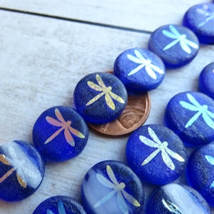 Transparent Cobalt Blue and White Glass with AB Laser Tattoo Dragonfly, Czech Coin Beads, 13 mm Beads - Item X108-17